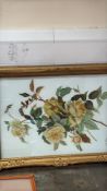 Reverse painting on glass study of yellow roses, signed