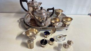Group of silver-plated tea service and table accessories