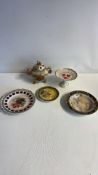 Set of 4 decorative ceramics including incense burner and commemorative pedestal dish
