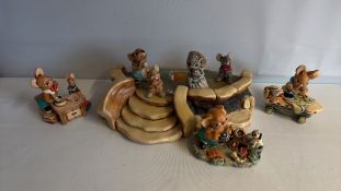 Group of Pendelfin stoneware mouse sculptures and centrepiece