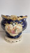 Cobalt-blue ceramic jardiniere on stand with gilt rococo decoration