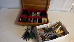 Group of assorted cutlery with fitted wooden canteen and box of loose flatware