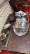 Group of silver-plated serving wares with balance scale and lacquer box