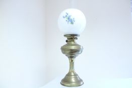 Edwardian Brass Oil Lamp with Floral Milk-Glass Globe and Chadburns Liverpool Clock Dial