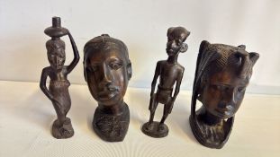 Set of Four African Carved Hardwood Figures and Busts