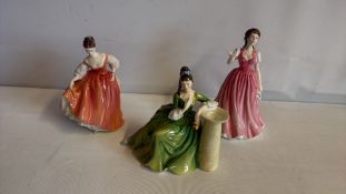 Set of 3 Royal Doulton bone china figurines: Fair Lady (Coral Pink), Secret Thoughts, and Sweet
