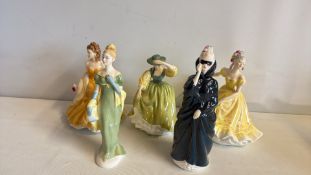 Set of five Royal Doulton and Royal Worcester bone china lady figurines