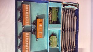 Vintage Hornby Train Meccano Ltd boxed clockwork model railway set, LNER locomotive and coaches