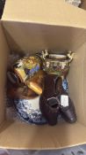 Assorted Satsuma-style ceramics, blue-and-white plate, copper tankard and leather shoes