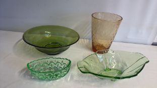 Group of coloured glass bowls and amber bubble-glass tumbler