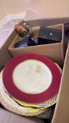Group of assorted decorative plates, robin ornament and boxes
