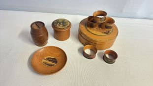 Collection of Mauchline ware, napkin ring Stuart Tartan c1880