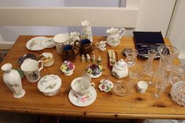 Group of decorative porcelain, cut glassware and a cased drawing instruments set