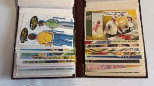 Group of novelty comic postcards in protective sleeves