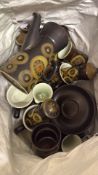 Studio pottery coffee pot and assorted cups, brown geometric decoration