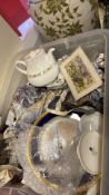 Group of mixed ceramics including teapot, gilt cobalt charger, 2 oval dishes and framed floral