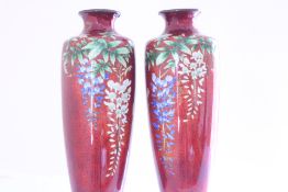 A pair ofcloisonnéJapanese cloisonné enamel baluster vases, crimson ground with fine diapering,