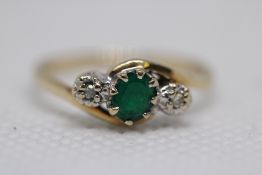 9ct Gold ring set with emerald & diamond Size L We