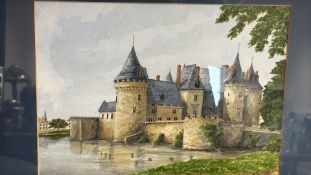 Framed watercolour of the Chateau de Sully-sur-Loire, France (38cm x 37.5cm including frame)