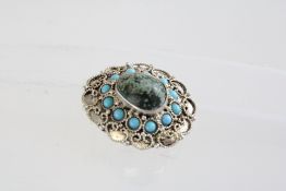 Silver Israeli turquoise oval brooch