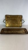 2 Gilt Metal Serving Trays with Engraved Decoration
