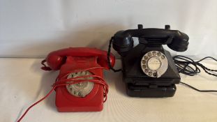 2 Bakelite rotary-dial telephones, red and black
