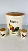 Cloverleaf Cockerel Pattern Earthenware Bread Crock and Canisters