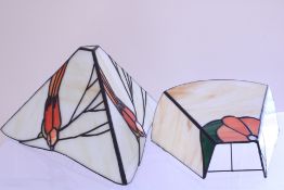 2 leaded stained-glass light shades, comprising a pyramidal shade with stylised bird motifs and a