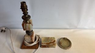 Group of Banded Onyx Desk Accessories: Lamp, Box and Oval Dish
