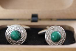 Boxed pair tested silver & malachite cufflinks