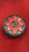 Retro circular gilt-decorated leather pouffe (1960s)