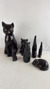 Group of Black-Glazed Ceramic Cat Figures