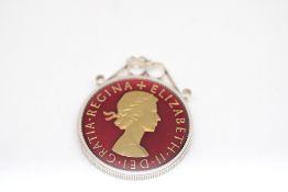 Enamelled 1966 half crown with silver mount