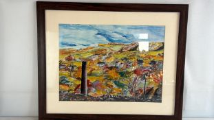 Signed framed watercolour landscape with chimney stack, dated 20.8