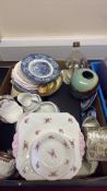 Assorted ceramics and glassware, including transferware plates, floral serving dishes, vase and
