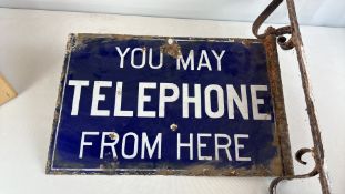 Original Double-Sided Enamel You May Telephone From Here Sign with Wrought-Iron Bracket (47cm x 30cm