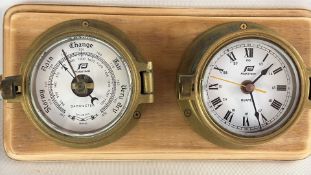 Plastimo Ships Barometer and Quartz Clock on Wooden Mount