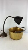 Brass preserving pan and gooseneck desk lamp