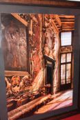 Large framed colour photograph depicting a Baroque interior with frescoed wall panels, carved