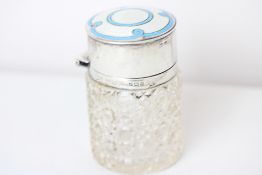 Edwardian enamelled silver topped dressing table jar, guilloche blue and white enamelled hinged lid,