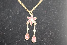 Edwardian pink tourmaline and seed pearl 9ct yello