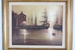 Barry Hilton Oil on canvas harbour scene with sailing vessels at moorings, warehouses and quay