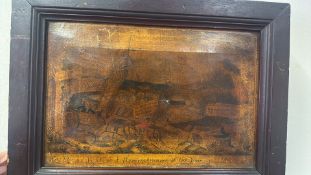 A framed satirical print, 'We Fly by Night, or A Remembrancer of the Year 1825' (28cm x 38.5cm inc