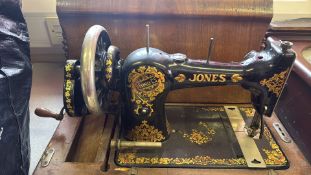 Jones Family CS Hand-Crank Sewing Machine in Mahogany Table