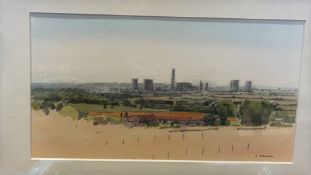 S. Lawson signed watercolour of rural landscape with industrial skyline (46cm x 34cm inc frame)