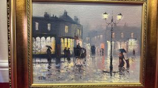 Barry Hilton, rainy street scene, oil on canvas (48cm x 58cm inc frame)