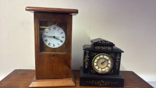 2 Mantel Clocks, Softwood Case and Gilt-Decorated Black Clock