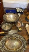 A group of silver-plated serving wares including trays, wine-coaster and boxed flatware