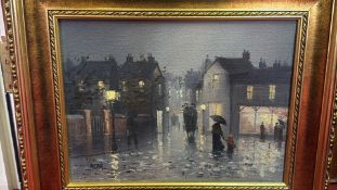 Barry Hilton, rainy-night street scene, oil on canvas (48cm x 58cm inc frame)