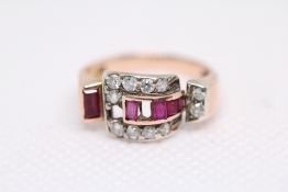 High carat gold ring set with diamonds & rubies -